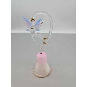 Art Glass Dainty Crystal Fairy Glass Bell 7" Tall Pink Blue Gold Trim Vintage